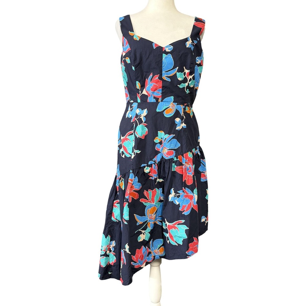 Du Paradis Womens Sundress S Blue Floral‎ Asymmetrical Ruffle Cotton Fit Flare